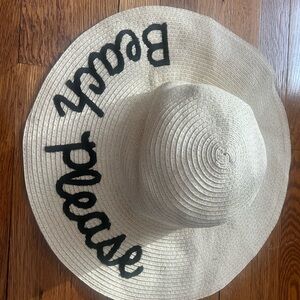 Straw Sun Hat with "Please" Script - Beige with Black Trim